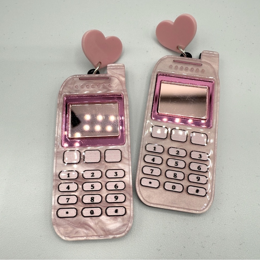 Pink Heart Cell Phone Acrylic Pierced Earrings